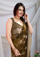 Luxurious Olive Grace Zari Silk Saree With Detailed Zari Weave